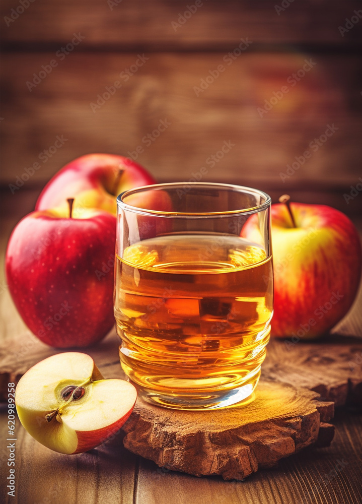 Apple juice in a glass and apples on light rustic background. Still life with apple juice. Generative AI Apple juice in a glass and apples on light rustic background. Still life with apple juice. Generative AI