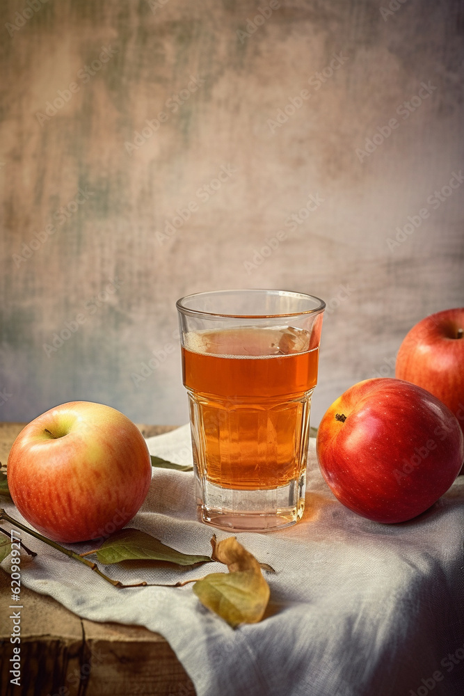Apple juice in a glass and apples on light rustic background. Still life with apple juice. Generative AI Apple juice in a glass and apples on light rustic background. Still life with apple juice. Generative AI