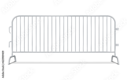 Metal interlocking barricade fence panel. Bike rack barricade. Steel crowd control barrier. Realistic vector illustration