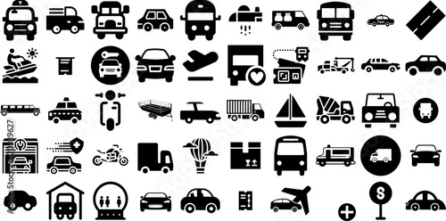 Massive Collection Of Transportation Icons Pack Solid Drawing Web Icon Bus, Global, Funicular, Set Glyphs Isolated On White