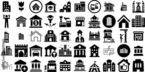 Huge Set Of Building Icons Set Hand-Drawn Solid Infographic Clip Art Church, Contractor, Heavy, Silhouette Element Isolated On Transparent Background