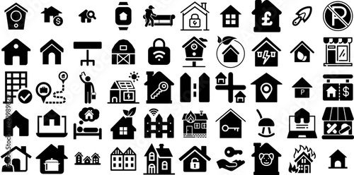 Massive Collection Of House Icons Pack Black Simple Silhouettes Tool, Mark, Silhouette, Roof Graphic Vector Illustration
