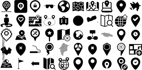 Huge Set Of Map Icons Bundle Isolated Modern Silhouettes Mark, Orientation, Three-Dimensional, Pointer Pictograph Isolated On Transparent Background