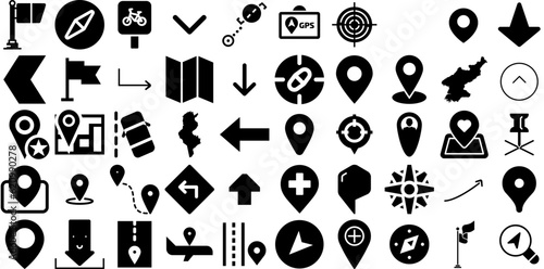 Huge Set Of Navigation Icons Bundle Solid Drawing Symbol Option, Symbol, Pointer, Icon Logotype Vector Illustration