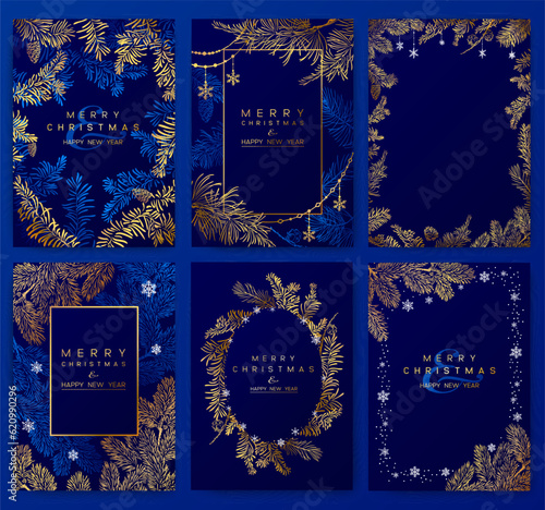 Christmas Poster set. Vector illustration of Christmas Background with branches of christmas tree and golden elements.