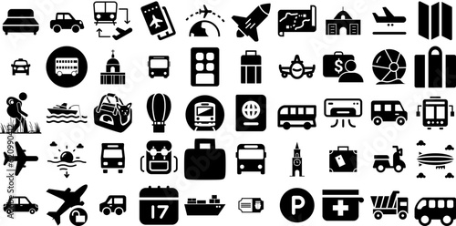 Huge Collection Of Travel Icons Pack Solid Design Symbols Pointer, Silhouette, Photo Camera, Yacht Pictograms For Apps And Websites