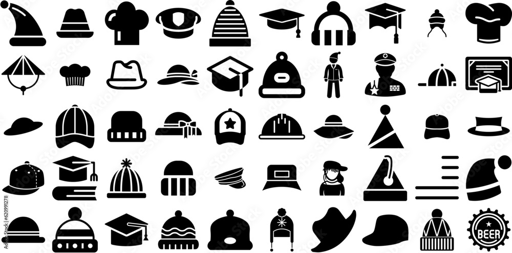 Huge Collection Of Cap Icons Set Hand-Drawn Linear Modern Elements Icon, Pub, Festival, Academic Illustration Isolated On White