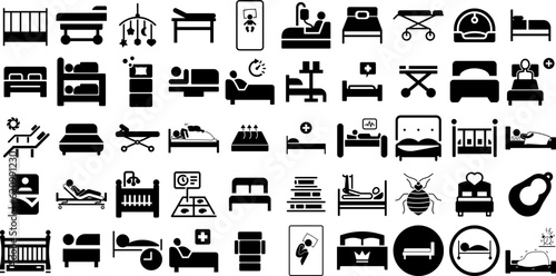 Big Set Of Bed Icons Set Linear Infographic Silhouettes Linen, Set, Icon, Hospital Pictograms Isolated On Transparent Background photo