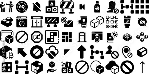 Mega Set Of Block Icons Collection Flat Cartoon Symbols Construction, Cross Out, Icon, Circle Silhouettes Vector Illustration