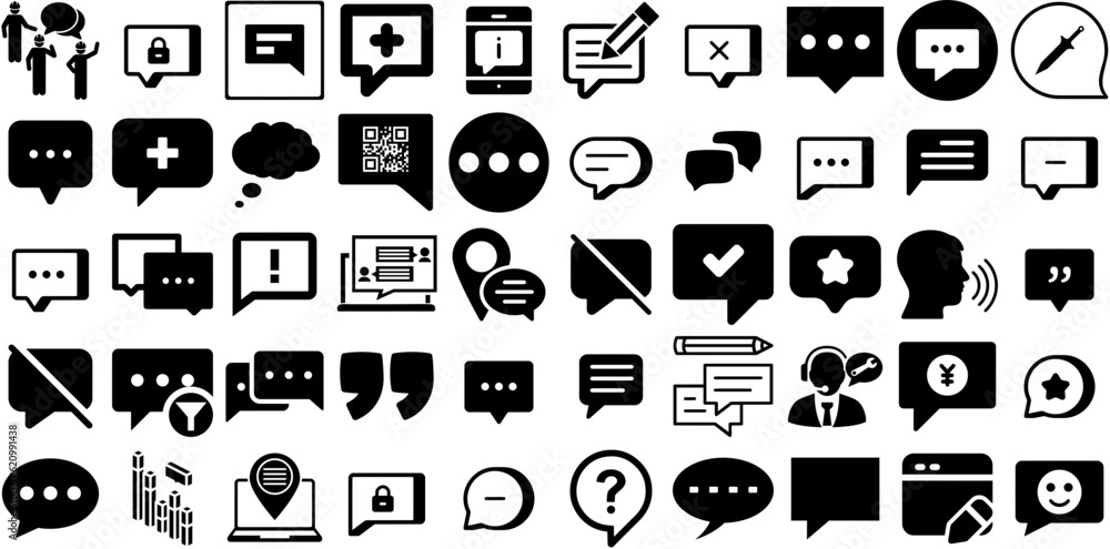 Mega Collection Of Comment Icons Pack Isolated Simple Pictograms Chat, Icon, Talk, Circle Silhouette Vector Illustration