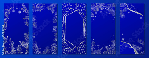 Christmas Poster set. Vector illustration of Christmas Background with branches of christmas tree and silver elements on blue.