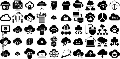 Mega Collection Of Computing Icons Pack Black Simple Silhouettes Icon, Networking, Hosting, Glyphs Element Vector Illustration