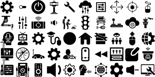 Huge Collection Of Control Icons Set Isolated Simple Silhouette Magnifier, Icon, Level, Option Clip Art For Apps And Websites
