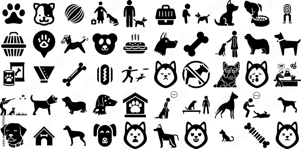 Huge Collection Of Dog Icons Pack Linear Infographic Silhouette Sweet, Toe, Silhouette, Profile Doodle Isolated On White