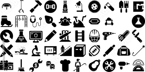 Mega Set Of Equipment Icons Bundle Solid Vector Glyphs Speaker, Health, Engineering, Tool Clip Art Vector Illustration photo