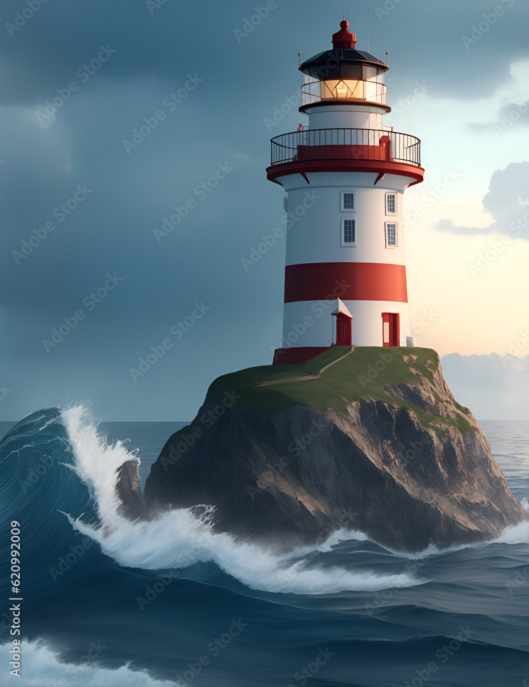 Storm at sea, waves crashing against the lighthouse. White and red Lighthouse in the middle of the ocean, big waves and storm around the light house, dark clouds, ocean and sea, illustration
