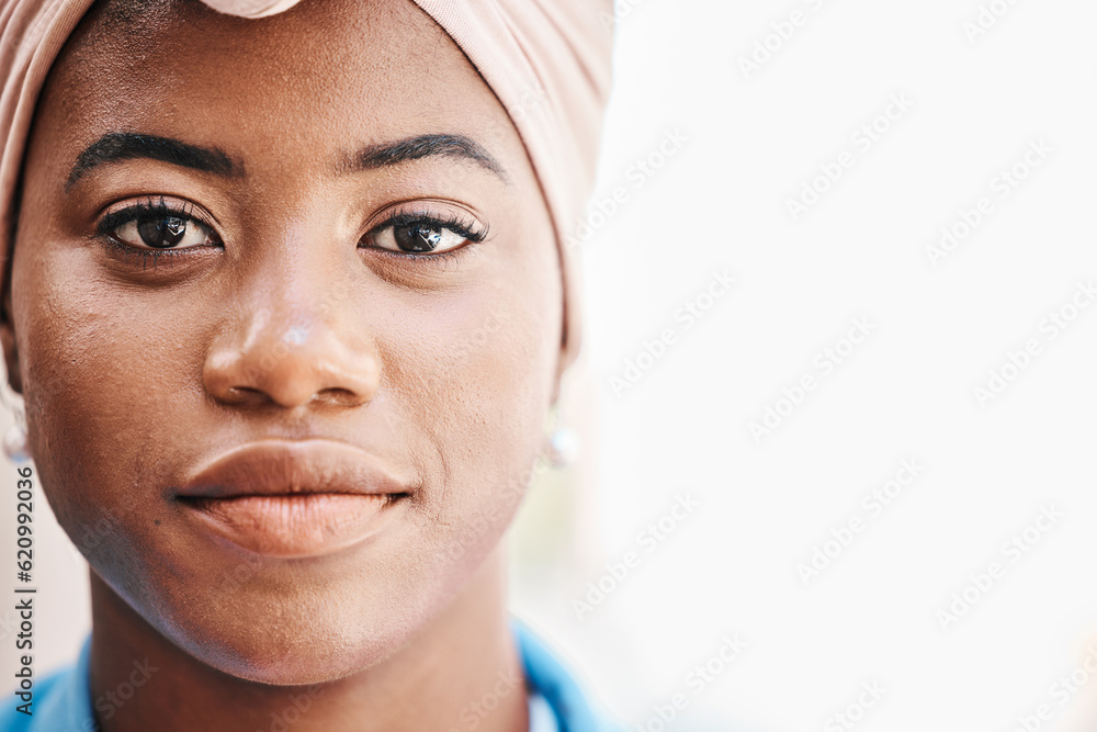 Fototapeta premium Black business woman, portrait and space in closeup for mockup, pride and confident for job as legal advisor. African lady, corporate law expert and face with zoom, fashion and beauty for career