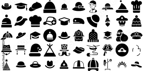 Huge Collection Of Hat Icons Pack Linear Drawing Signs Toque, Contractor, Icon, Birthday Doodle Isolated On White photo