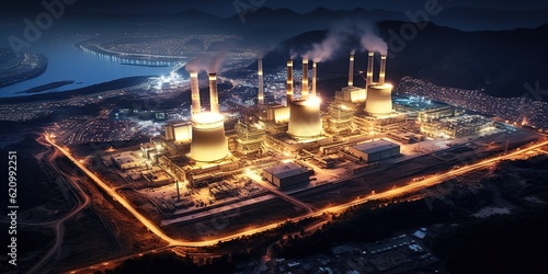 Top view of a power plant at night, its lights twinkling like stars against the dark landscape , concept of Energy production infrastructure, created with Generative AI technology