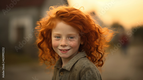 A beaming red-haired girl stands amidst a golden sunset, her smile mirroring the warmth of the evening sky. AI generated