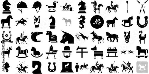 Mega Set Of Horse Icons Pack Hand-Drawn Solid Design Pictogram Icon, Silhouette, Head, Safari Illustration Isolated On White Background