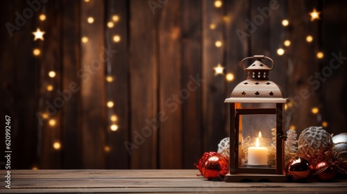 Christmas lantern on a wooden table.