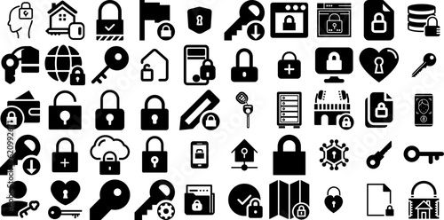 Huge Set Of Lock Icons Set Solid Concept Glyphs Symbol, Lock, Open, Icon Silhouette Isolated On White Background