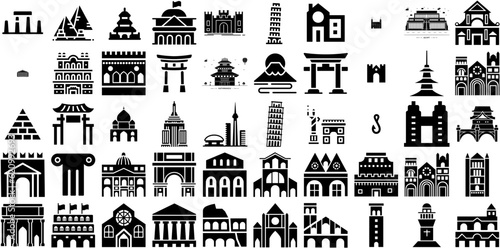 Big Collection Of Landmark Icons Set Black Vector Elements Silhouette, Icon, Us, Way Pictograms Isolated On White