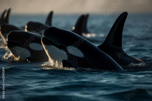 Killer whale pod swimming in formation, Whale, bokeh 