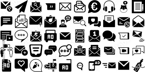Big Collection Of Message Icons Pack Isolated Cartoon Glyphs Toque, Optimization, Icon, Post Buttons Isolated On White Background