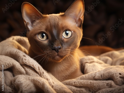 portrait of a Burmese Cat lyng on a cozy blanket (Generative AI) photo