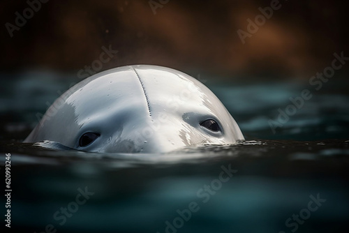 Beluga whale peeking out of the water, Whale, bokeh Generative AI Fototapeta