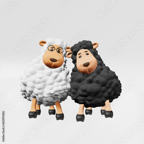 Two cute white and black sheep friends 3d rendering. Friendship Day. Pyjamas printing bedclothes  baby shower  children party invitation  funny clothes t-shirt Adorable lambs Kids room interior design