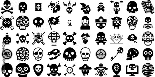 Massive Collection Of Skull Icons Set Solid Drawing Elements Spine, Head, Foot, History Symbols Vector Illustration