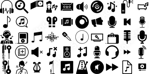 Massive Set Of Song Icons Bundle Linear Drawing Silhouette Multimedia, Interface, Sound, Party Elements Vector Illustration