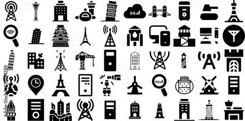 Big Collection Of Tower Icons Collection Linear Concept Clip Art Tower, Icon, Aerial, Spot Pictograms Vector Illustration photo