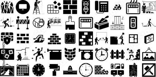 Huge Collection Of Wall Icons Pack Hand-Drawn Black Simple Pictogram Door, Climbing, Brick Wall, Box Silhouettes Isolated On Transparent Background