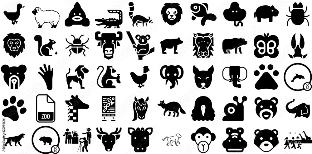 Huge Set Of Zoo Icons Set Solid Design Silhouettes Icon, Nature, Zoo, Label Silhouettes Vector Illustration