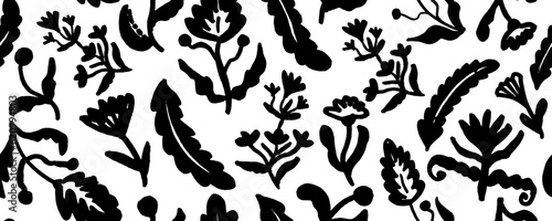 Spring flowers hand drawn vector seamless pattern. Ink stroke texture. Nature floral repeated background for fabric design. Roses  peonies and chrysanthemums black silhouettes. 