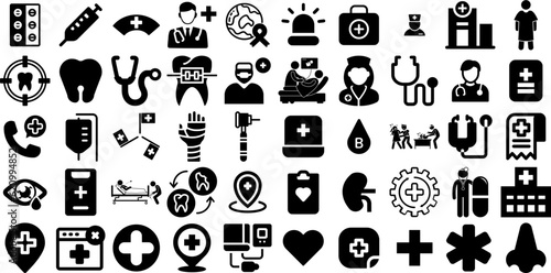 Mega Collection Of Hospital Icons Set Hand-Drawn Isolated Vector Web Icon Icon, Symbol, Health, Patient Glyphs Vector Illustration