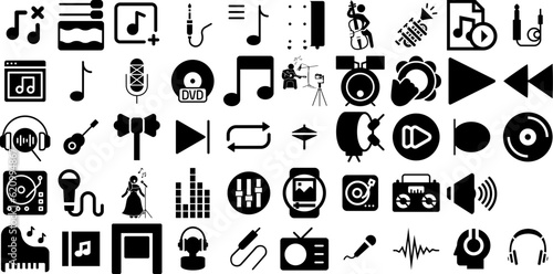 Big Collection Of Music Icons Pack Solid Drawing Web Icon Tool, Singer, Speaker, Entertainment Element Vector Illustration