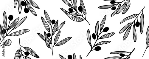 Seamless pattern  abstract  leaves and branches  olive  tree  Hand drawn black brush painted plants. Vector foliage silhouettes. Natural organic ornament with black branches. 
