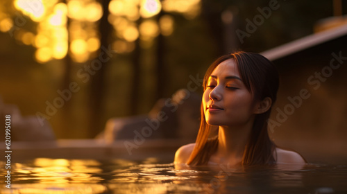 Billede på lærred Portrait of a beautiful young Japanese woman relaxing in a hot tub at a spa resort