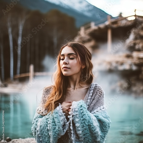 Young beautiful woman stands against azure water of a mountain lake. Lifestyle portrait. Beautiful young woman in a plaid on the background of mountains.