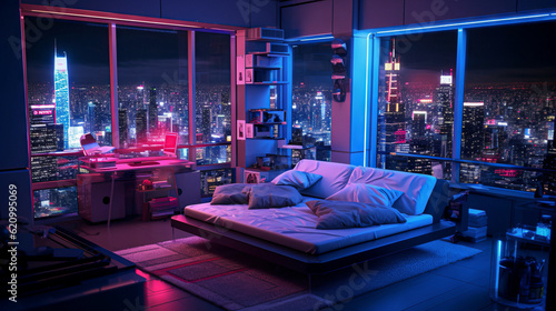 Interior of modern living room with night city view. 3D rendering. Cyberpunk style neon lit apartment at night with skyscrapers outside. Futuristic design of a home with a beautiful night city view.