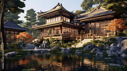 Beautiful traditional Japanese house exterior with a lake and garden. Asian traditional royal village house by water. Gorgeous Japanese temple exterior.