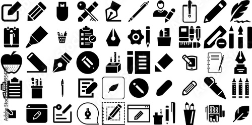 Massive Collection Of Pen Icons Bundle Black Concept Web Icon Silhouette, Tablet, Cosmetic, Icon Graphic Vector Illustration