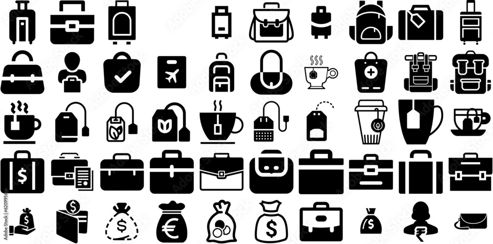 Huge Collection Of Bag Icons Collection Hand-Drawn Isolated Simple Silhouettes Finance, Silhouette, Goodie, Investment Symbol Vector Illustration