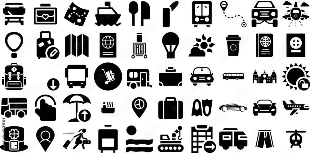 Mega Set Of Travel Icons Set Hand-Drawn Linear Design Silhouettes Pointer, Photo Camera, Yacht, Silhouette Glyphs For Computer And Mobile