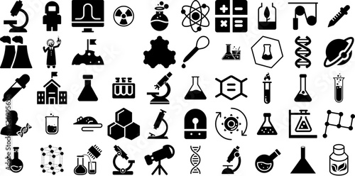 Big Collection Of Science Icons Pack Black Drawing Glyphs Algorithm, Icon, Note, Symbol Elements Isolated On White Background
